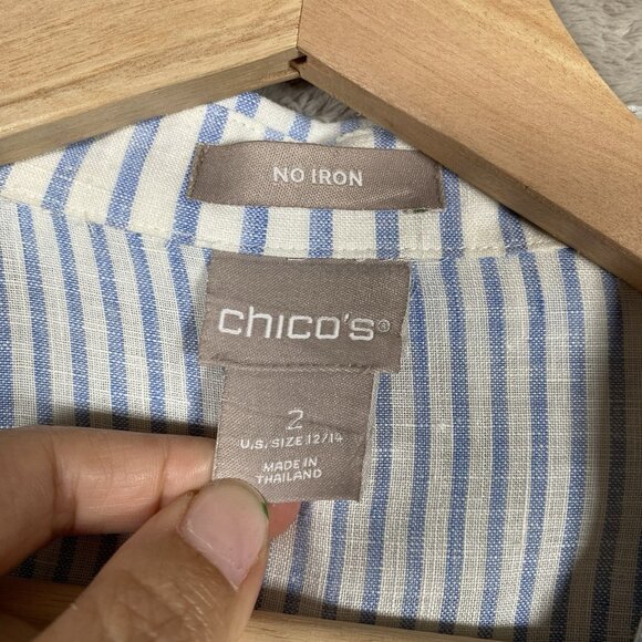 Chicos No Iron 100% Linen Shirt 2 Button Up Blue Striped Beachy Coastal Preppy - Picture 4 of 15